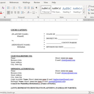 May include: A legal document template for a court caption, client report, and opposing attorney information. The document includes fields for the plaintiff and defendant names, state, docket number, county, division, and contact information for the client and opposing attorney.