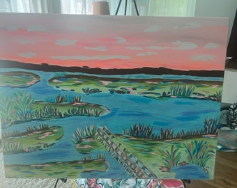Acrylmalerei, handgemalt, Küstenlandschaft, Charleston, South Carolina, farbenfroh, malerisch, Sumpf