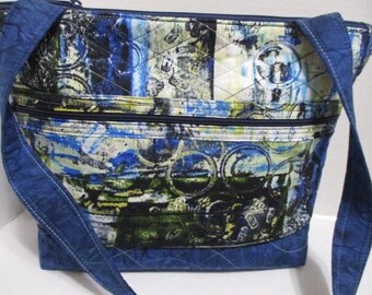 Moody Blue Large Purse, Abstract Design Handmade Quilted