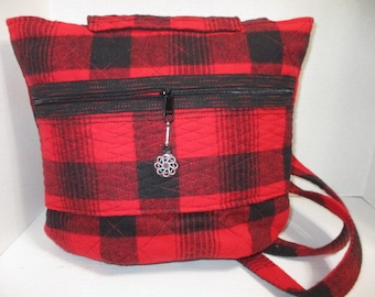 Red and Black Wool Plaid Quilted Messenger Bag