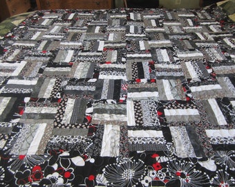Modern Lap Quilt with Black, White, and Red Florals, 52" Square, Quilted Throw, Quilted Table Topper, Handmade Quilt, 1078