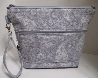 Tones of Gray and white Quilted Floral Large Wristlet