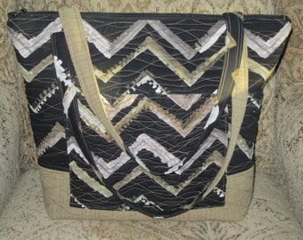 Classy Black and tan Zig Zag Quilted Large Tote
