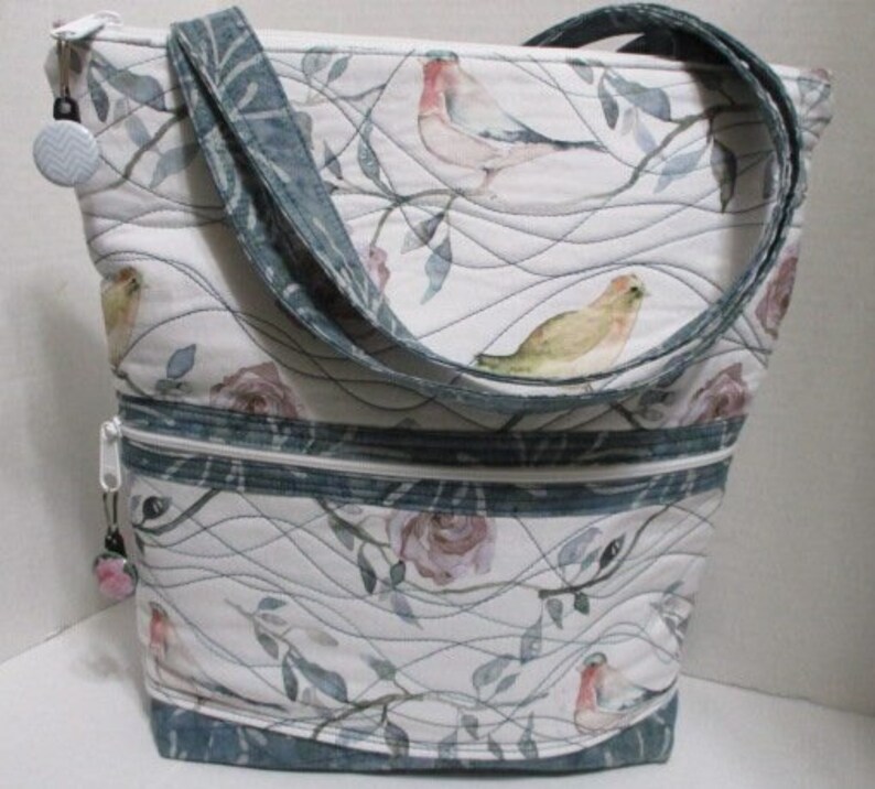 Birdsong Blooms Large Tote Bag in Teal & White image 1