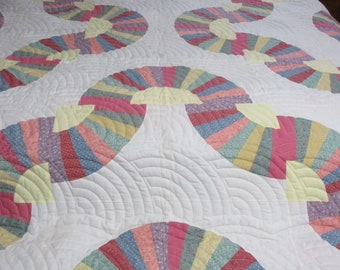 Grandmother's Fan Queen-King Size Quilt, White Rainbow and Pastel Fabrics, 88"x 110", Homemade Quilts