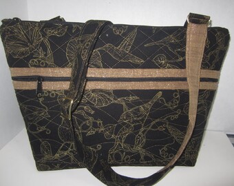 Guilded Black & Golden Hummingbirds quilted large Tote