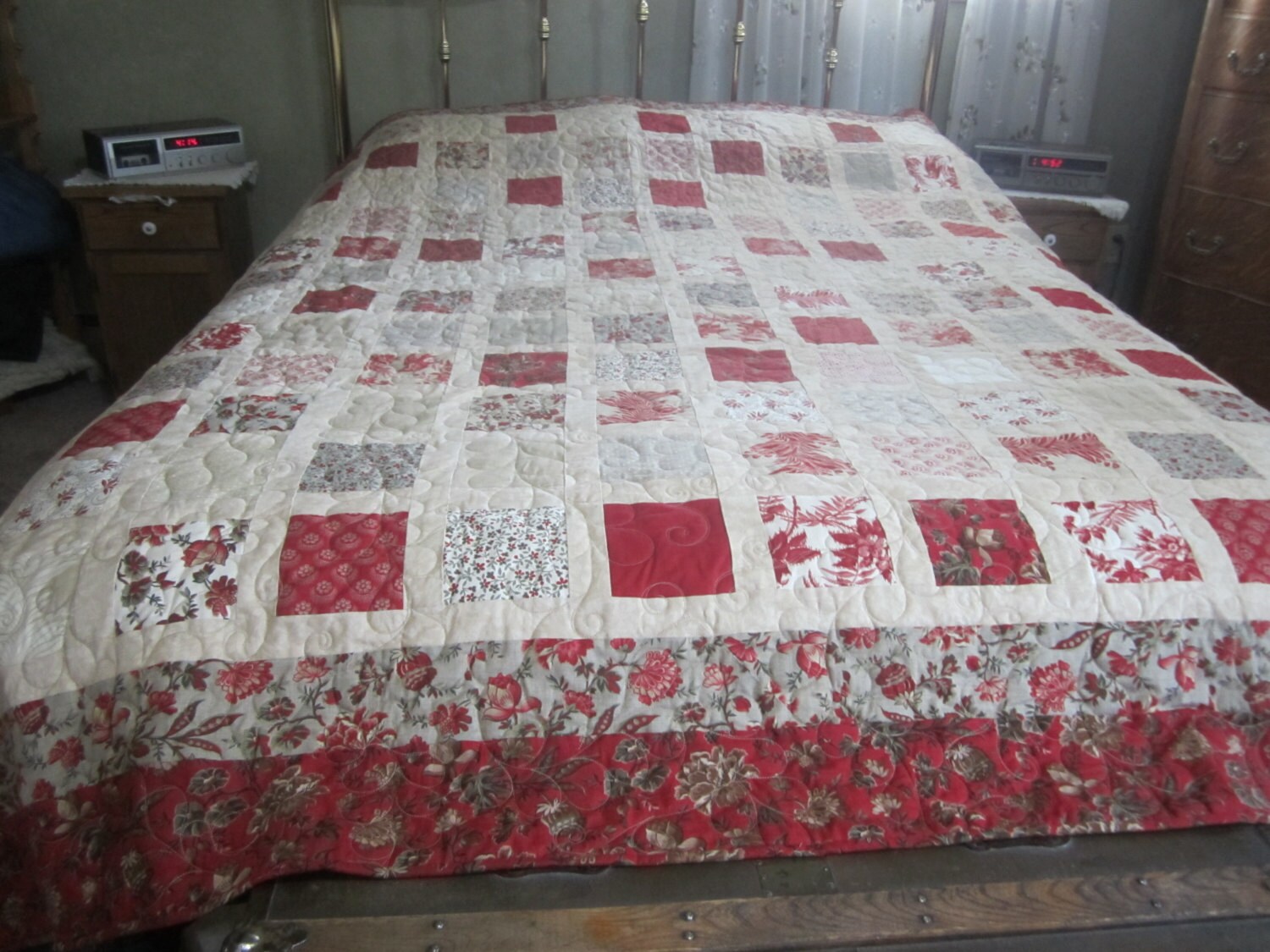 Queen Size Quilt French Country Quilt in Red Gray and Cream Etsy