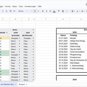 Könnte beinhalten: Ein Screenshot einer Google Sheet mit einem Kalender für 2024 und 2025. Die Tabelle enthält eine Liste der Feiertage für die Bundesländer Baden-Württemberg und Bayern. Die Tabelle enthält auch einen Abschnitt für Berlin mit einer Liste der Daten und wer für die Sperrung und Aufsicht verantwortlich ist.