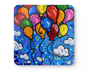 Levendige ballonnen Corkwood Coaster Set - Keith Haring Style Feestelijk tafeldecor, 4-delige duurzame onderzetters