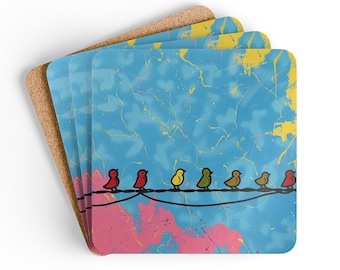 Pop Art Bird Corkwood Coaster Set - Dynamic Keith Haring Style, 4-Piece Artistic Drinkware Protection