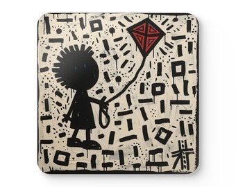 Urban Art Kite-Flying Corkwood Coaster Set - Keith Haring Inspired, 4-Piece Modern Home Accents