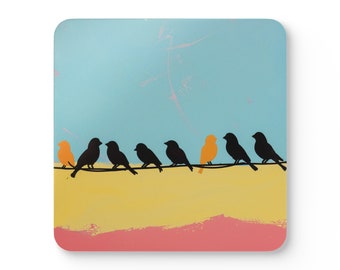 Keith Haring-Inspired Bird Corkwood Coaster Set - Artistic Home Decor, 4-Piece High-Gloss Table Protection