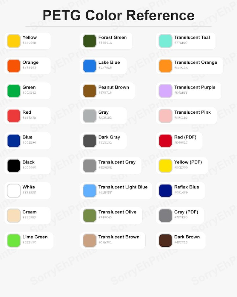 PETG Color Reference Sheet