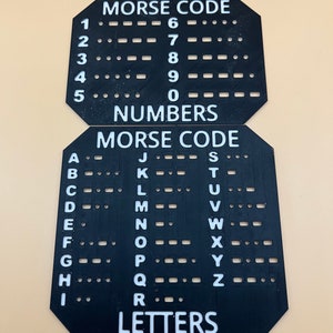 May include: Black plastic card with white text and holes. The card shows the Morse code for numbers and letters. The text on the card reads "Morse Code Numbers" and "Morse Code Letters".