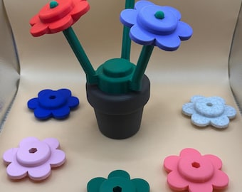 Färgglada blommor | LEGO-inspirerade | Utbytbara blomblad | 6 kronblad / med kruka | Jubileums- eller födelsedagspresent! Pojke eller flicka | 3D-utskriven