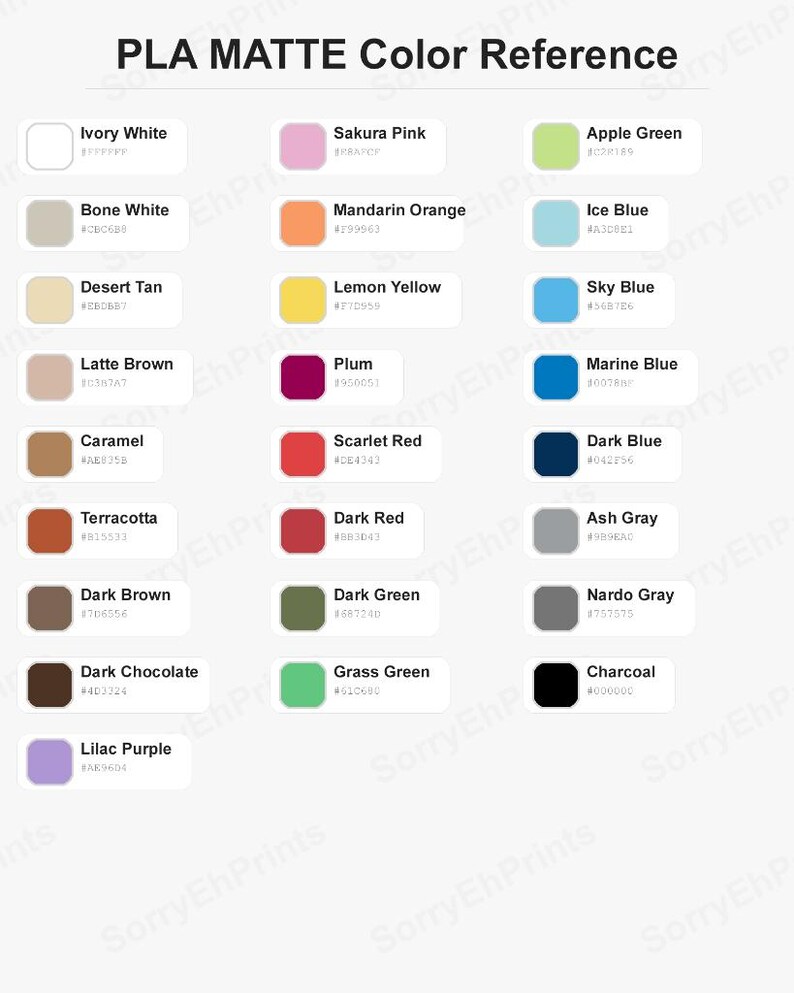 PLA Matte Color Reference Sheet