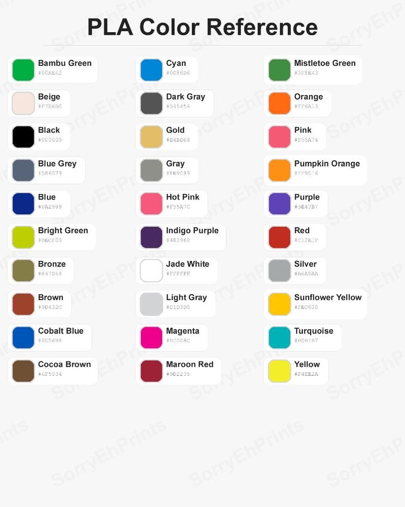PLA Color Reference Sheet