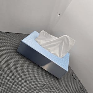 Puede incluir: Una caja de pañuelos de color azul claro con un pañuelo blanco sacado. La caja de pañuelos está sobre una superficie gris texturizada.