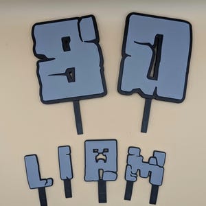 Può includere: Topper per torta grigi a tema Minecraft con i numeri 8 e 0, e il nome Liam. I numeri e le lettere sono in stile blocco con una texture ruvida.