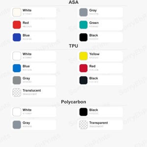 MISC Color Reference Sheet (ASA, TPU, Polycarbon)