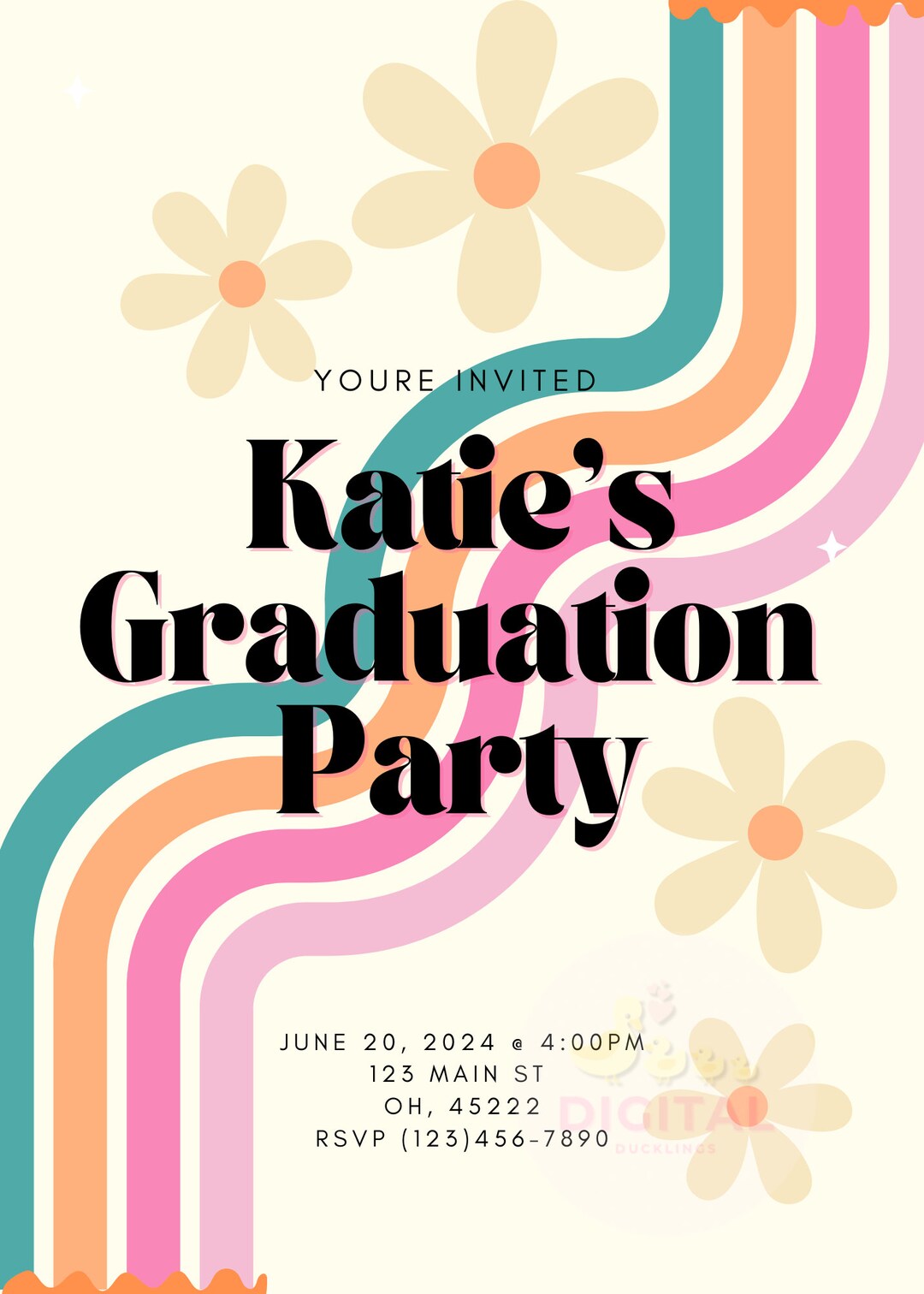 Groovy Themed Invitation, Graduation Party Trendy Retro Party Invite ...