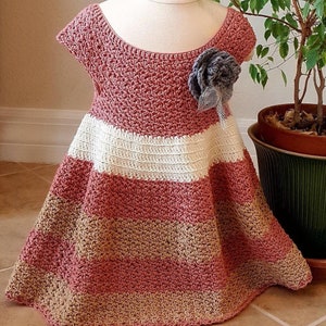 Crochet Girls Dress: Mauve & Beige Cotton Blend, Size 3T-4T