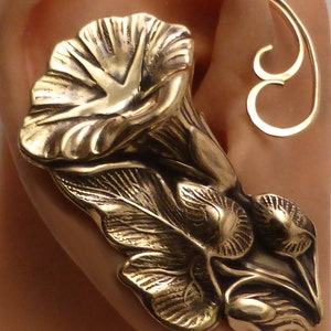 GOLDEN MORNING GLORY Ear Wrap    Golden Flower Intricate Brass Earcuff Wrap