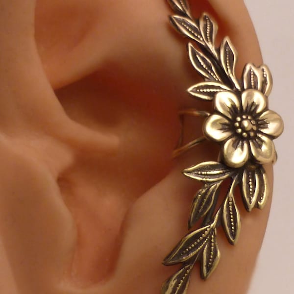 GOLDEN GARDEN EARCUFF  -  Handcrafted Flower and Leaf Brass Ear Cuff
