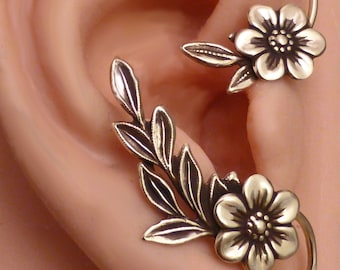 GOLDEN GARDEN Ear WRAP  Flower and Leaf Brass Ear Cuff Wrap