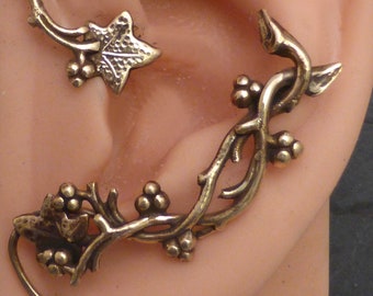 INTO THE WOODS Forest Ear Wrap  -  Lovely Golden Brass Ivy & Berry  Ear Cuff Wrap