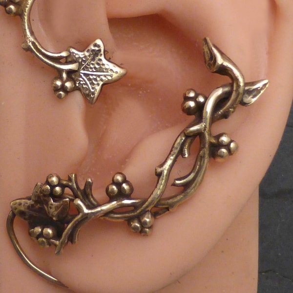 INTO THE WOODS Forest Ear Wrap  -  Lovely Golden Brass Ivy & Berry  Ear Cuff Wrap