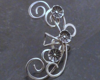 Flower Sterling Ear Cuff SECRET GARDEN 925 Silver Spiral Handcrafted Floral Ear Wrap