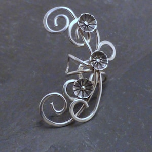 Flower Sterling Ear Cuff SECRET GARDEN 925 Silver Spiral Handcrafted Floral Ear Wrap