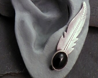 RAVEN EAR PIN Earring  Single Sterling 925 Silver Feather Black Onyx Ear Sweep Ear Climber