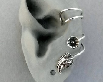 BLOOMIN' Handcrafted Sterling Ear Cuff 925 Silver Flower and Leaf Ear Wrap