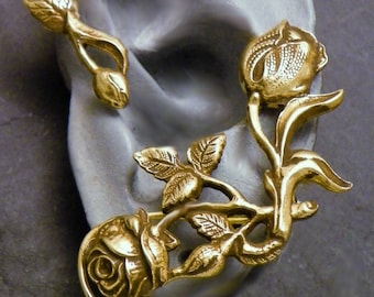 ROSES Ear Wrap for LEFT Ear - Flower and Leaf Brass Ear Cuff Wrap