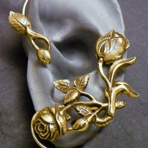 ROSES Ear Wrap for LEFT Ear - Flower and Leaf Brass Ear Cuff Wrap