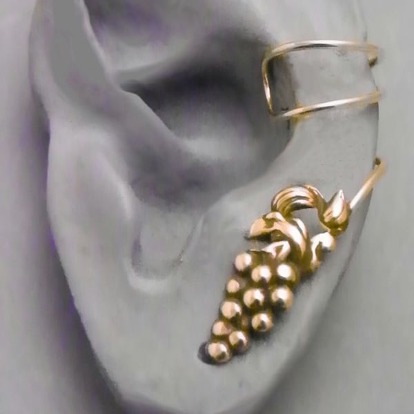 CHARDONNAY EAR CUFF - Golden Wine Grape and Leaf Handcrafted Brass Earcuff Wrap
