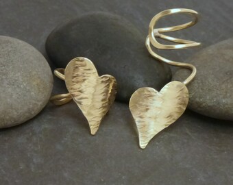 Golden Hearts Ear Cuff Asymmetrical Pair   Handmade Brass Arty Unique Ear Wraps