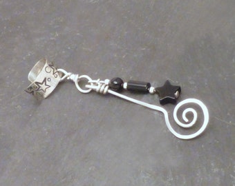 BLACK STAR Dangle Ear Cuff  - Handcrafted Sterling Silver 925 Celestial  OOAK One of a Kind Ear Band