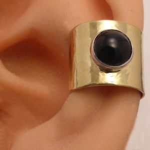 Black Onyx Golden Ear Cuff Wide Hammered Gemstone NuGold Brass Ear Band