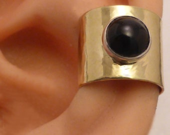 Black Onyx Golden Ear Cuff Wide Hammered Gemstone NuGold Brass Ear Band