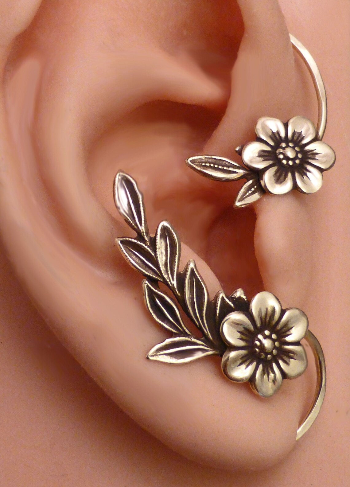 GOLDEN GARDEN Ear WRAP Flower and Leaf Brass Ear Cuff Wrap Etsy