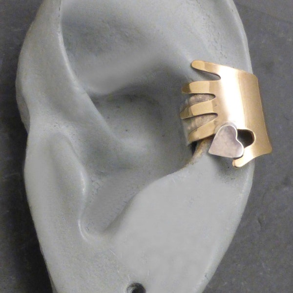 HEART IN HAND Ear Cuff  Handcrafted Brass & Sterling Mixed Metal Earcuff
