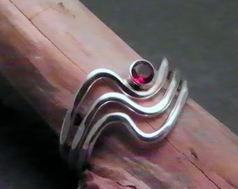 Sterling Stack Rings  GARNET WAVES 3 Stacking RINGS Handcrafted 925 Silver