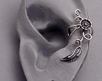 MORNING GLORY Sterling Ear Cuff 925 Silver Handmade Flower and Leaf Ear Wrap