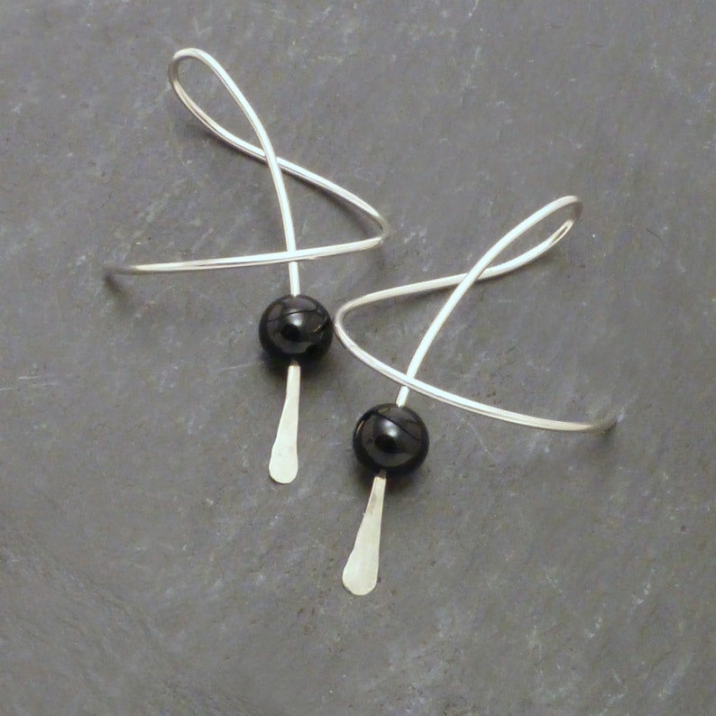 MIDNIGHT BREEZE Sterling Dangle Black Onyx Earrings Fun Twirl-in Casual Earwear Pair image 1