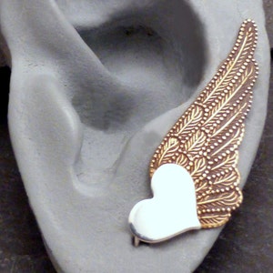 WINGED HEART SWEEP Mixed Metal Sterling Heart and Brass Wing Ear Pin Single Earring image 2