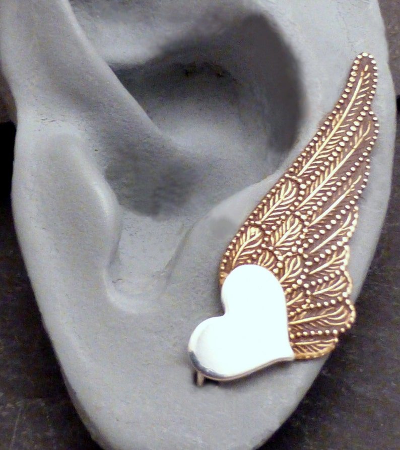 WINGED HEART SWEEP Mixed Metal Sterling Heart and Brass Wing Ear Pin Single Earring image 2