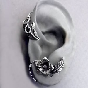Summer Sterling Silver Flower & Leaf Ear Cuff Wrap, No Piercing - Left Ear